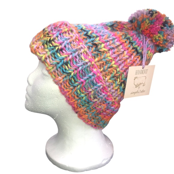 Pink Rainbow Bright Multi Color Double Strand Chunky Beanie with Pom Pom main image 7
